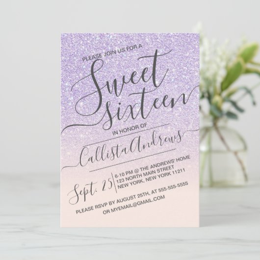 Paarse Roze Faux Sparkly Glitter Ombre Sweet 16 Kaart (Staand voorkant)