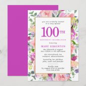Paarse roze Floral 100e verjaardag Kaart (Voorkant / Achterkant)