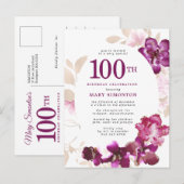Paarse roze Floral 100e verjaardag Uitnodiging Briefkaart (Voorkant / Achterkant)