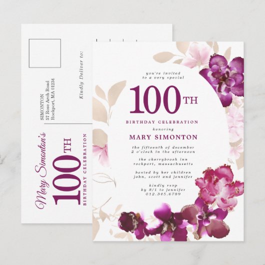 Paarse roze Floral 100e verjaardag Uitnodiging Briefkaart (Voorkant / Achterkant)