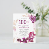 Paarse roze Floral 100e verjaardag Uitnodiging Briefkaart (Staand voorkant)