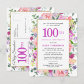 Paarse roze Floral 100e verjaardag Uitnodiging Briefkaart (Voorkant / Achterkant)