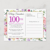 Paarse roze Floral 100e verjaardag Uitnodiging Briefkaart (Achterkant)