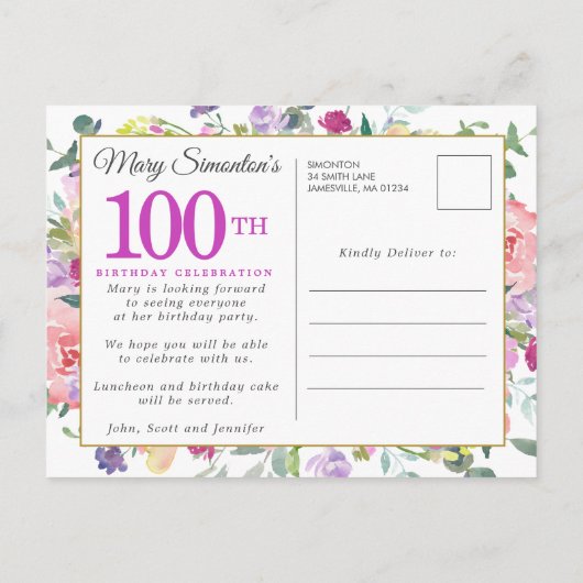 Paarse roze Floral 100e verjaardag Uitnodiging Briefkaart (Achterkant)