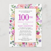 Paarse roze Floral 100e verjaardag Uitnodiging Briefkaart (Voorkant)