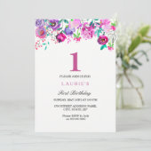 Paarse Roze Floral 1e verjaardag uitnodiging (Staand voorkant)