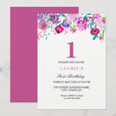 Paarse Roze Floral 1e verjaardag uitnodiging (Voorkant / Achterkant)