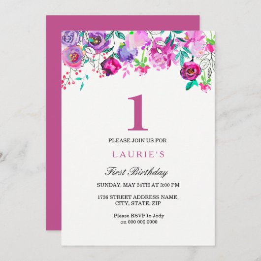 Paarse Roze Floral 1e verjaardag uitnodiging (Voorkant / Achterkant)