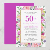Paarse roze Floral 50e verjaardag uitnodiging (Voorkant / Achterkant)