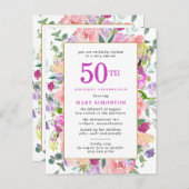 Paarse roze Floral 50e verjaardag Uitnodiging Briefkaart (Voorkant / Achterkant)