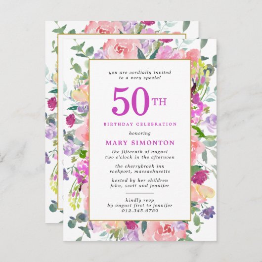 Paarse roze Floral 50e verjaardag Uitnodiging Briefkaart (Voorkant / Achterkant)