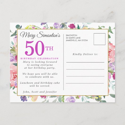 Paarse roze Floral 50e verjaardag Uitnodiging Briefkaart (Achterkant)