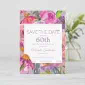 Paarse roze Floral 60e verjaardag Opslagdatum Save The Date (Staand voorkant)