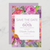 Paarse roze Floral 60e verjaardag Opslagdatum Save The Date (Voorkant / Achterkant)