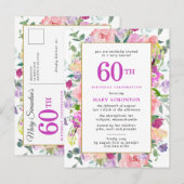Paarse roze Floral 60e verjaardag Uitnodiging Briefkaart (Voorkant / Achterkant)