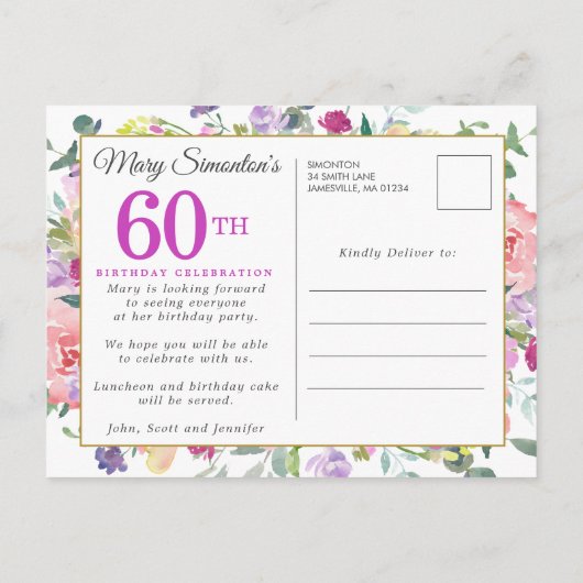 Paarse roze Floral 60e verjaardag Uitnodiging Briefkaart (Achterkant)