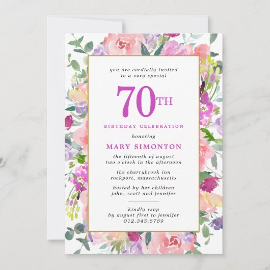 Paarse roze Floral 70e verjaardag Kaart (Voorkant)