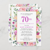Paarse roze Floral 70e verjaardag Uitnodiging Briefkaart (Voorkant / Achterkant)