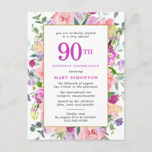 Paarse roze Floral 90e verjaardag Uitnodiging Briefkaart