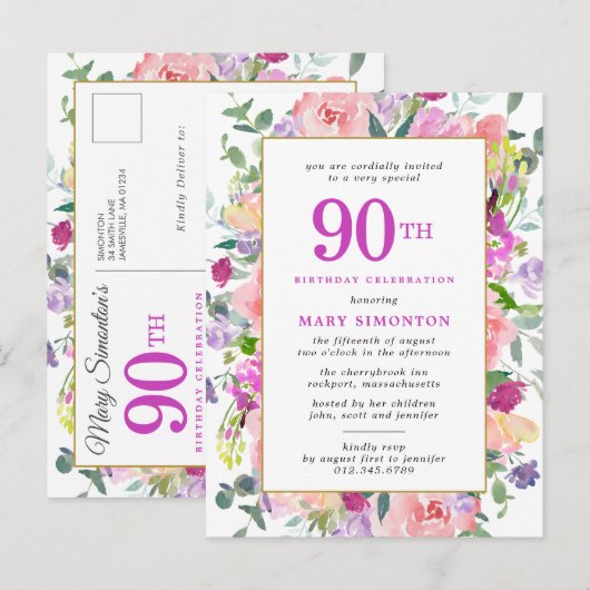 Paarse roze Floral 90e verjaardag Uitnodiging Briefkaart (Voorkant / Achterkant)