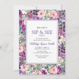 Paarse roze Floral Baby Girl Sip Zie Shower Kaart