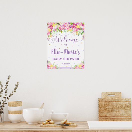 Paarse roze Floral Baby shower Birthday Welkom Poster (Keuken)