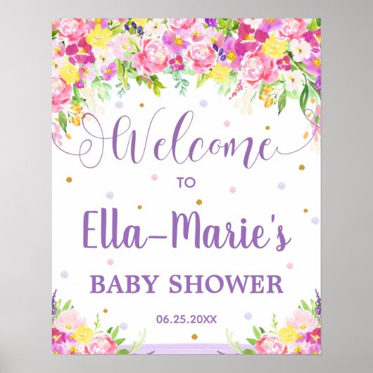 Paarse roze Floral Baby shower Birthday Welkom Poster (Voorkant)