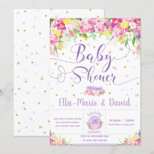 Paarse roze Floral Baby Shower Invitting Girl Kaart