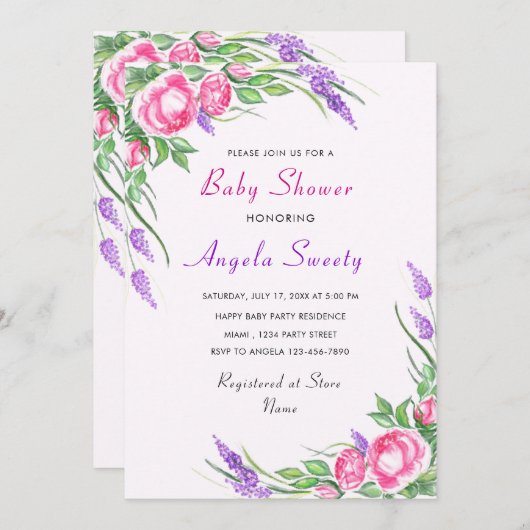 Paarse Roze Floral Baby shower Uitnodiging (Voorkant / Achterkant)