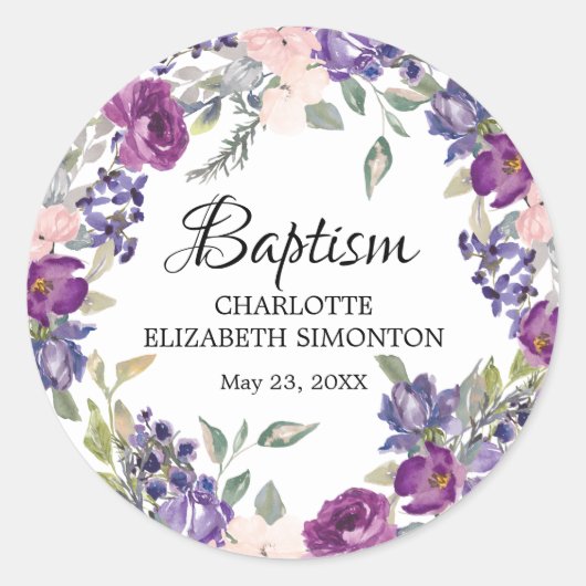 Paarse roze Floral Baptism Envelope Seal Ronde Sticker (Voorkant)