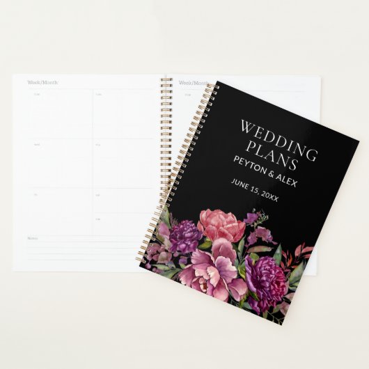 Paarse roze Floral Black Botanische Weddenschappen Planner (Display)