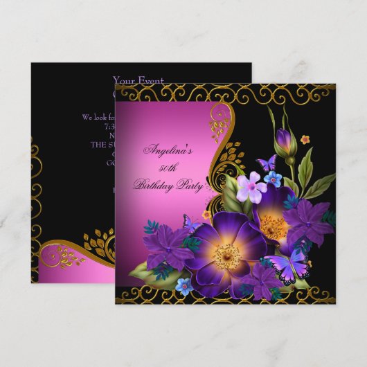 Paarse roze Floral Black Gold Birthday Party Kaart (Voorkant / Achterkant)