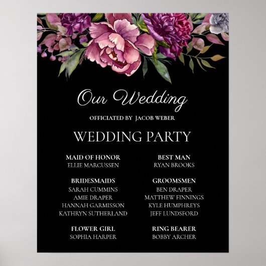 Paarse roze Floral Black Wedding Party Poster (Voorkant)