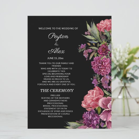 Paarse roze Floral Black Wedding Party Programmakaart (Staand voorkant)