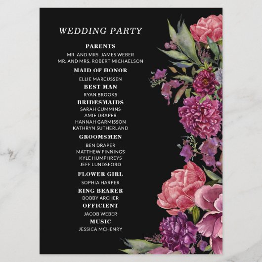 Paarse roze Floral Black Wedding Party Programmakaart (Achterkant)