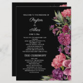 Paarse roze Floral Black Wedding Party Programmakaart (Voorkant / Achterkant)