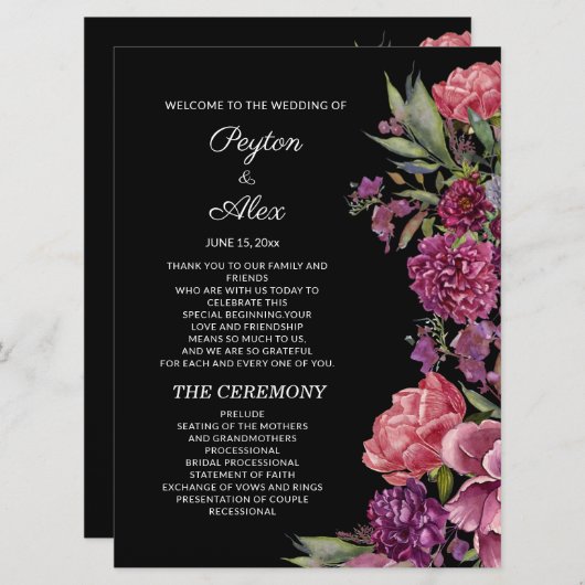 Paarse roze Floral Black Wedding Party Programmakaart (Voorkant / Achterkant)