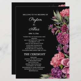 Paarse roze Floral Black Wedding Party Programmakaart