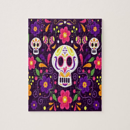 Paarse roze Floral Day of the Dead Legpuzzel (Verticaal)