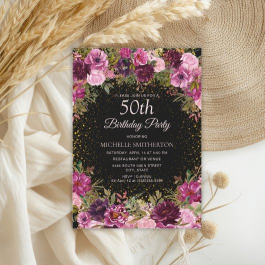 Paarse roze Floral Glitter Black 50th Birthday Kaart