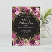 Paarse roze Floral Glitter Black 60th Birthday Kaart (Staand voorkant)