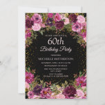 Paarse roze Floral Glitter Black 60th Birthday Kaart<br><div class="desc">Elegant en romantisch roze en paarse waterverf  rozen/florale en foliage op zwarte maatse uitnodiging voor een 60e verjaardag met gouden glitter. Gepersonaliseerd met de naam van de gast op erewoord.</div>