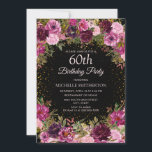 Paarse roze Floral Glitter Black 60th Birthday Kaart<br><div class="desc">Elegant en romantisch roze en paarse waterverf  rozen/florale en foliage op zwarte maatse uitnodiging voor een 60e verjaardag met gouden glitter. Gepersonaliseerd met de naam van de gast op erewoord.</div>