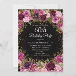 Paarse roze Floral Glitter Black 60th Birthday Kaart