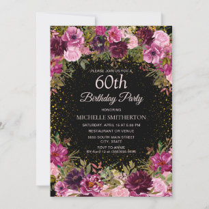 Paarse roze Floral Glitter Black 60th Birthday Kaart