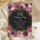 Paarse roze Floral Glitter Black 70th Birthday Kaart<br><div class="desc">Elegant en romantisch roze en paarse waterverf  rozen/florale en foliage op zwarte,  op maat gesneden uitnodiging voor een 70e verjaardagsfeestje met goudglitter. Gepersonaliseerd met de naam van de gast op erewoord.</div>