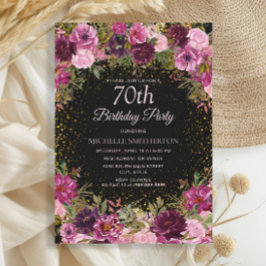 Paarse roze Floral Glitter Black 70th Birthday Kaart
