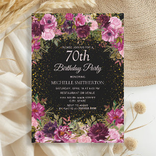 Paarse roze Floral Glitter Black 70th Birthday Kaart