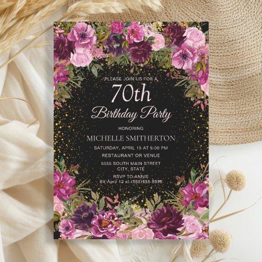 Paarse roze Floral Glitter Black 70th Birthday Kaart