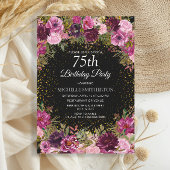 Paarse roze Floral Glitter Black 75th Birthday Kaart